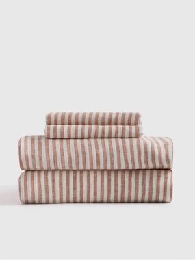 NWOT QUINCE European Linen Sheet Set Queen Terracotta Stripe 4 Piece